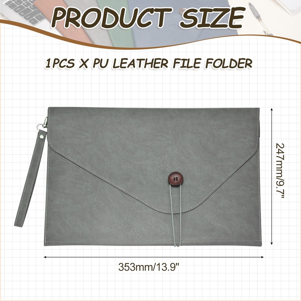 PU Leather A4 File Folder, Waterproof Envelope Holder with Handle, Gray