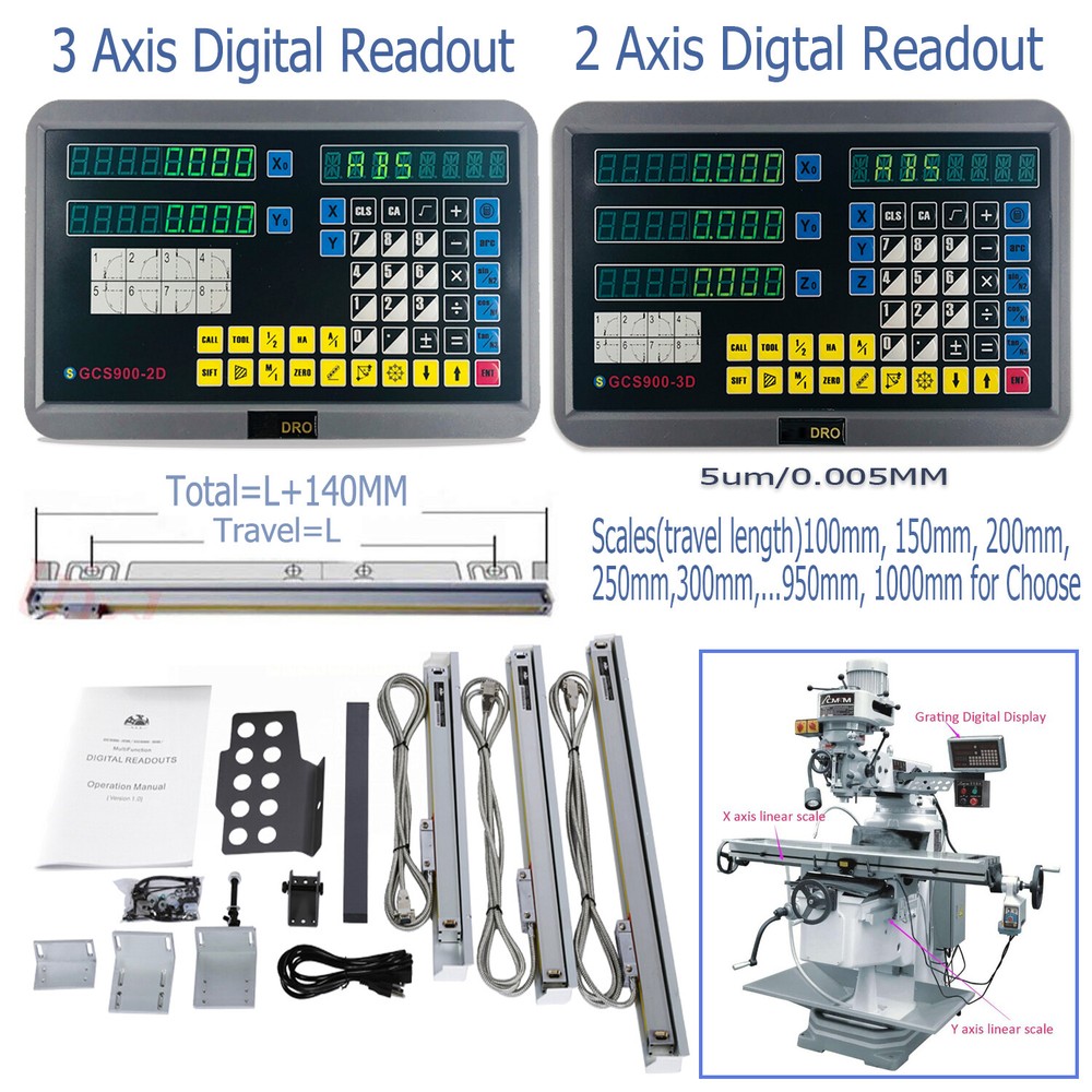 2/3 Axis Digital Readout DRO TTL 5um Linear Glass Scale Encoder Milling Lathe US