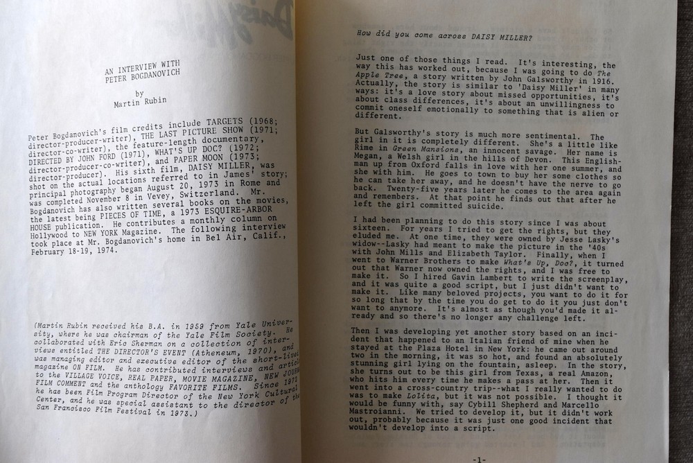 Daisy Miller " An Interview with Peter Bogdanovich " Script by Martin Rubin