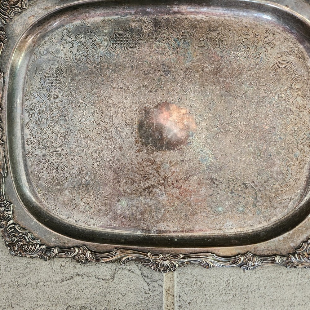 Antique SILVER PLATE 23" LONG RECTANGULAR FOOTED TRAY WITH HANDLES Heavy