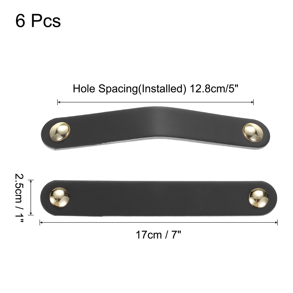 6 Packs Leather Drawer Pulls Double Hole Knobs, Black/Gold(Hole Spacing:128mm)
