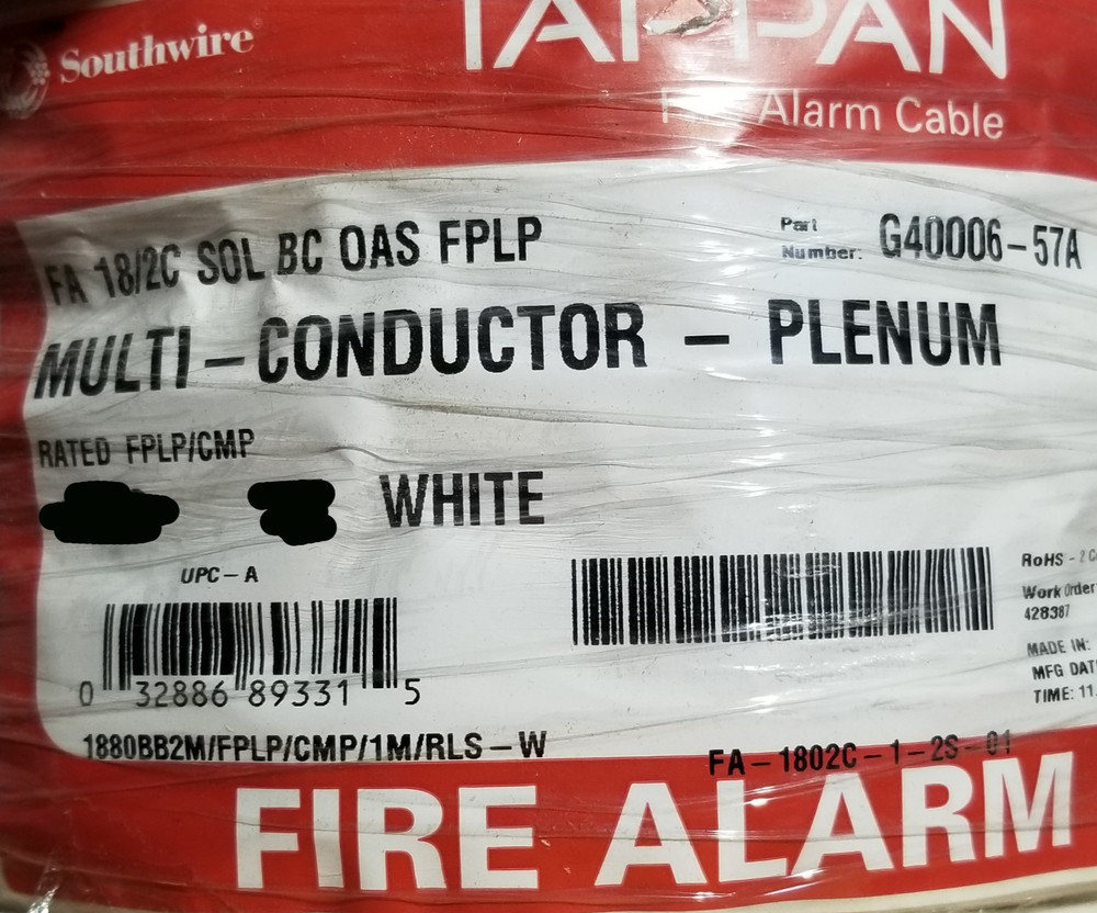 Southwire/Tappan G40006 18/2C Solid Shielded Plenum Alarm Cable CMP White /100ft
