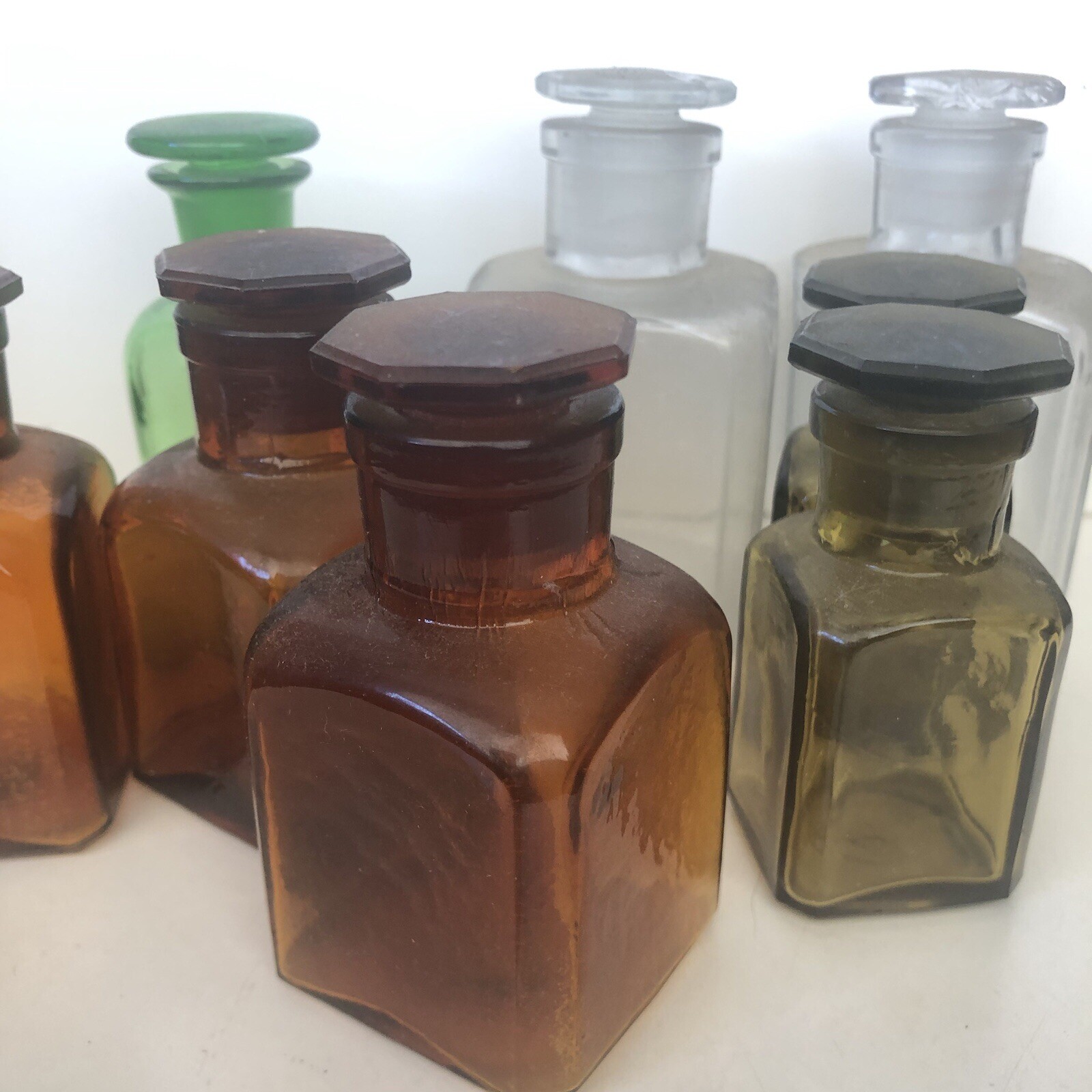 Eight Vintage Glass Reagent Science Chemistry Bottles Laboratory Wide Neck