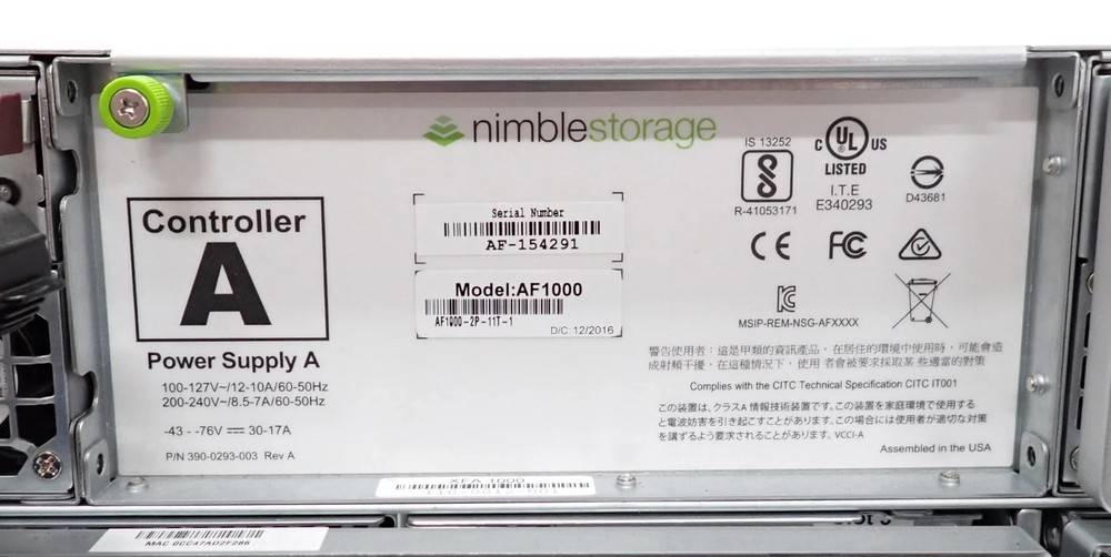 HPE Nimble Storage AF1000 All Flash Array 34.56TB SSD Storage 2x 10G Controller
