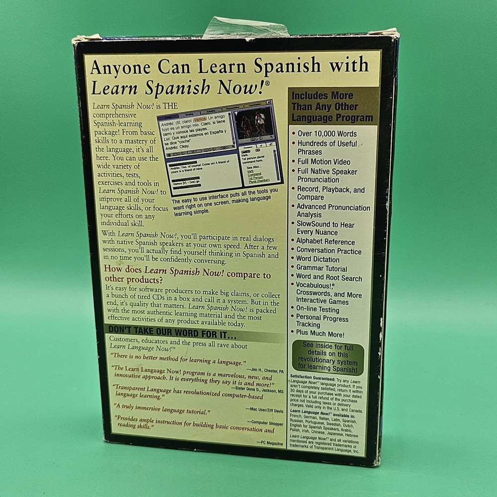 Learn Spanish Now! Windows/Mac CD-Rom Transparent Language PC DELUXE COMPLETE PC