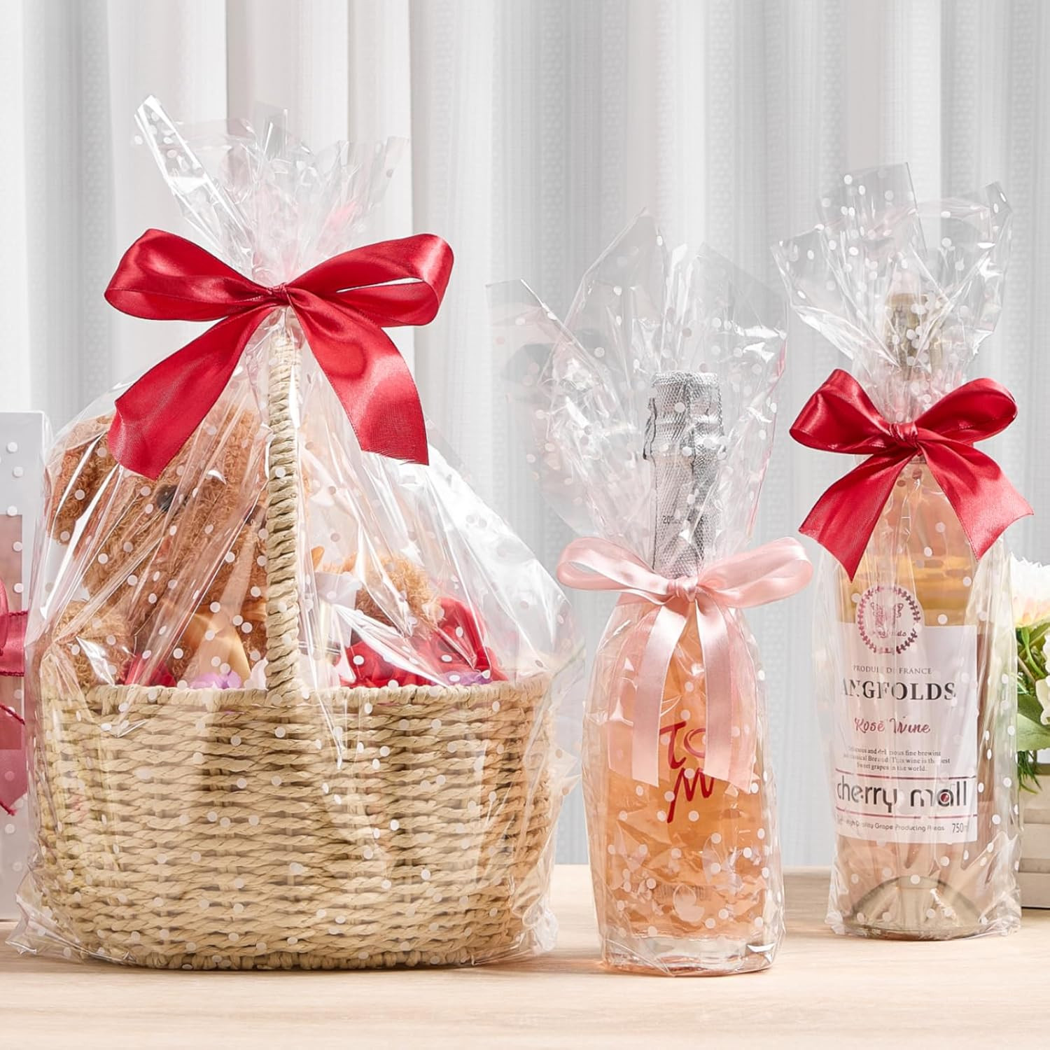 Clear Cellophane Wrap Roll 34 x 100 Ft with White Dots, Waterproof Gift Wrapping