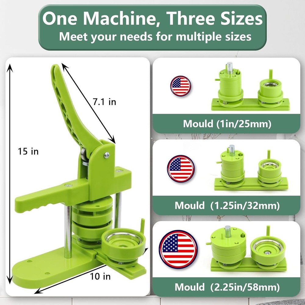 Professional Button Maker Machine Green, 3 Interchangeable Badge Sizes
