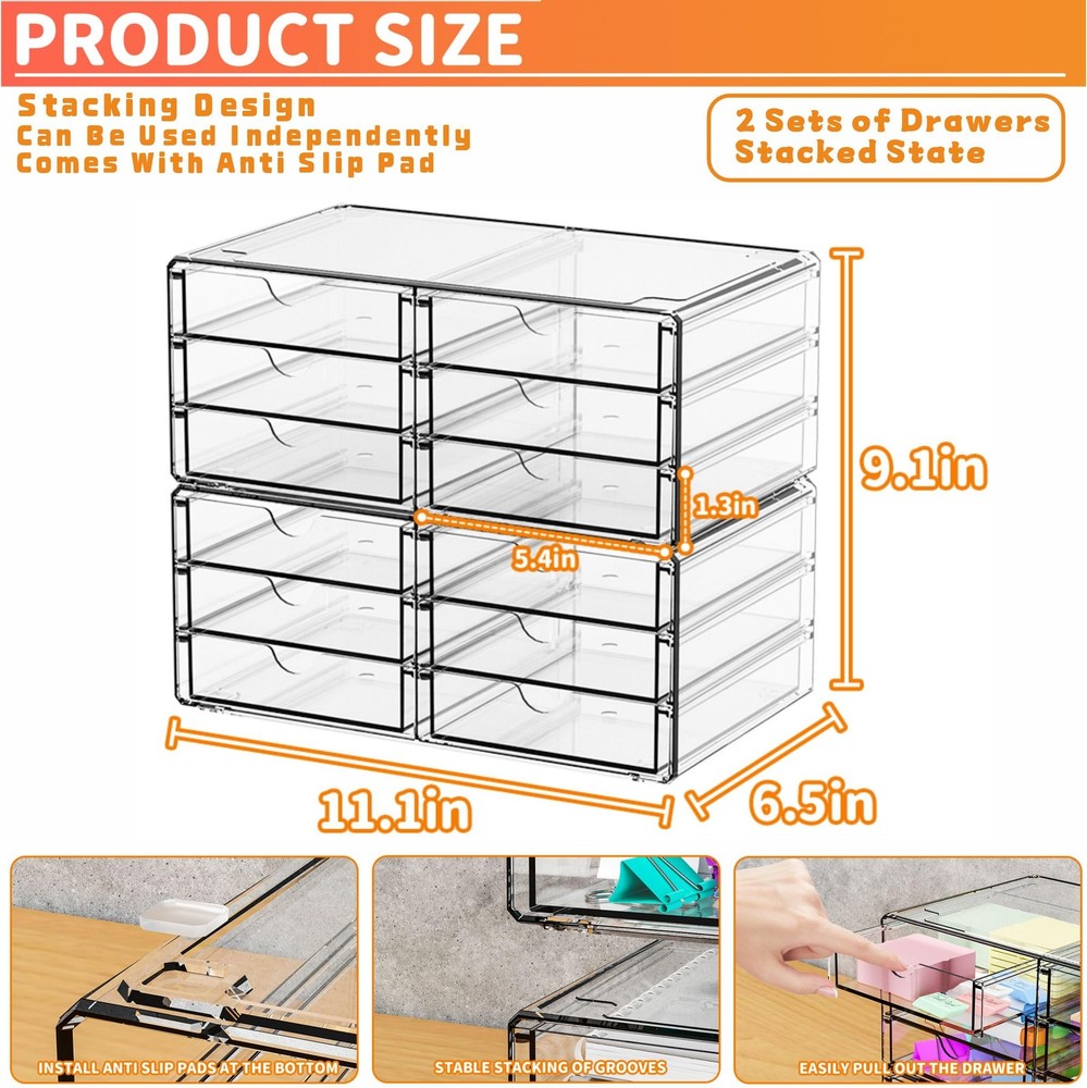 Acrylic Storage Clear Plastic 6 Drawers, Stackable Cabinet Organizer 2 Pack