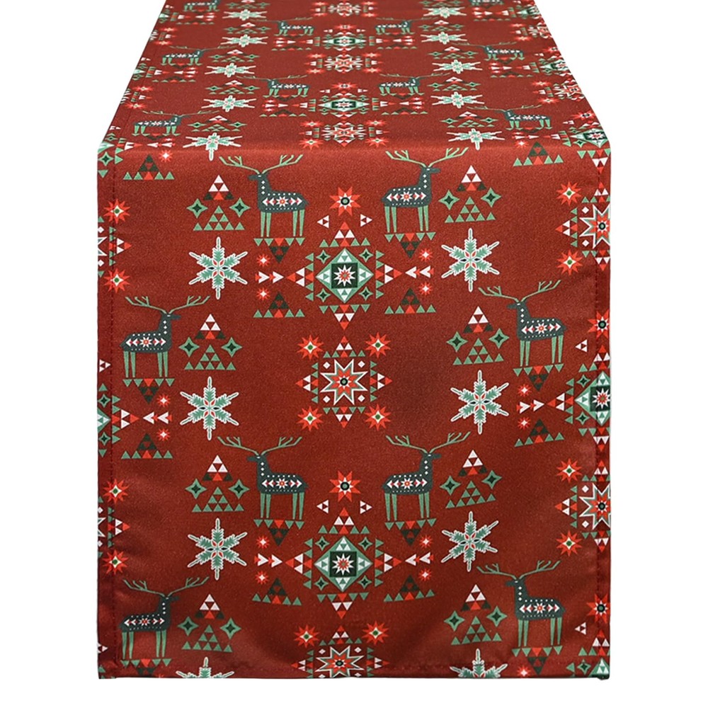 Christmas Table Runner Red with Reindeer and Snowflake Geometric Pattern, Decora