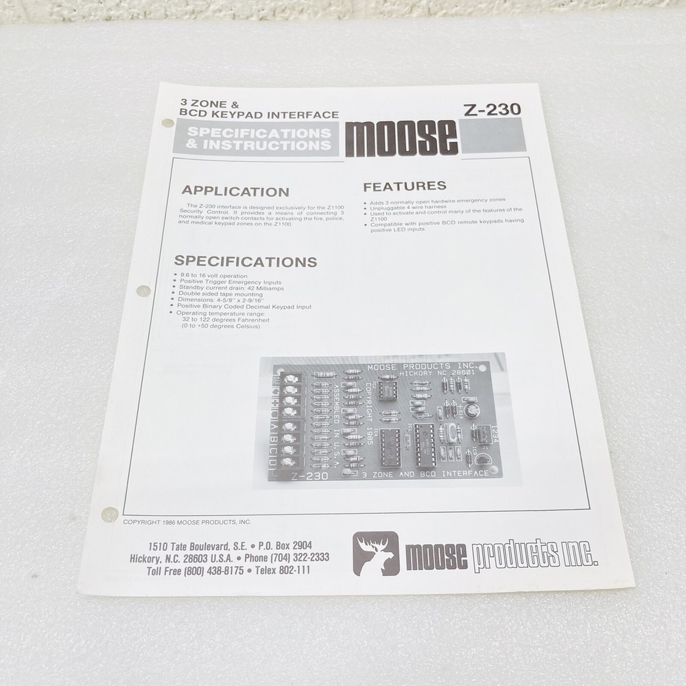 Moose Z-230 3-Zone & BCD Keypad Interface Specifications & Instructions