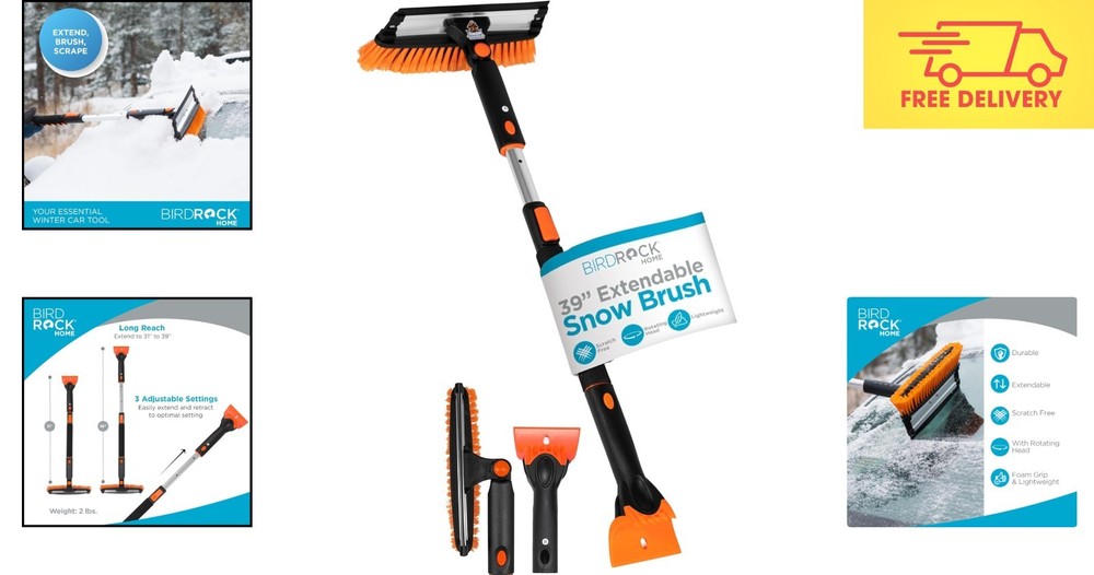 Versatile 39" Extendable Snow Brush with Wide Squeegee & Detachable Scraper