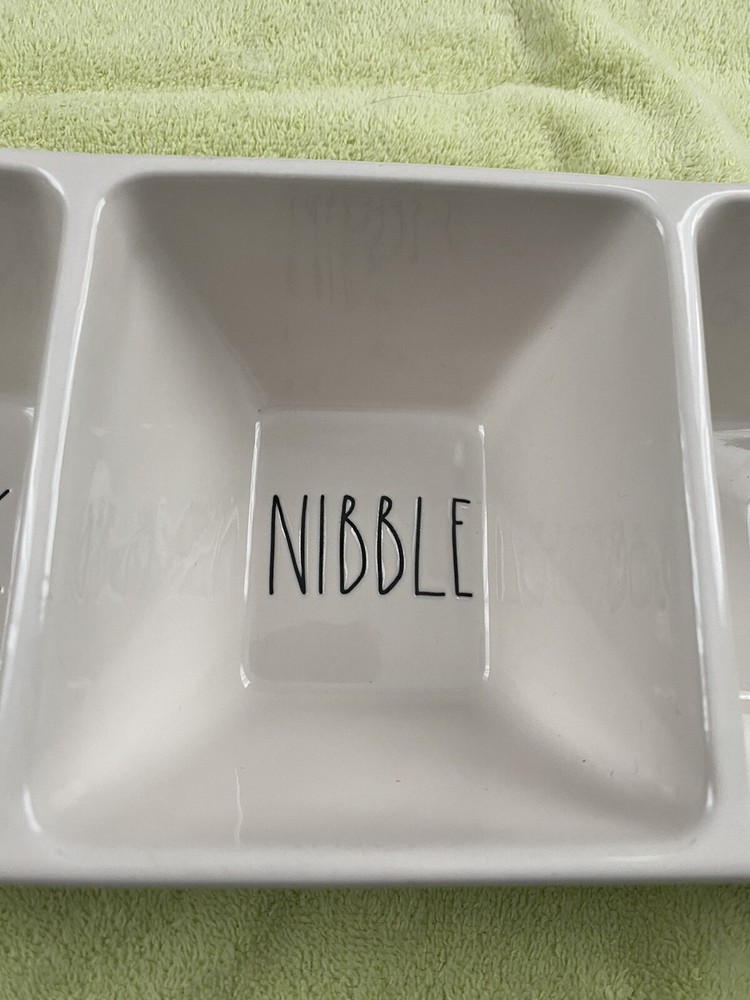 Rae Dunn White Ceramic “SNACK" "NIBBLE" & "BITE" 3-Compartment Dip Tray EUC!!