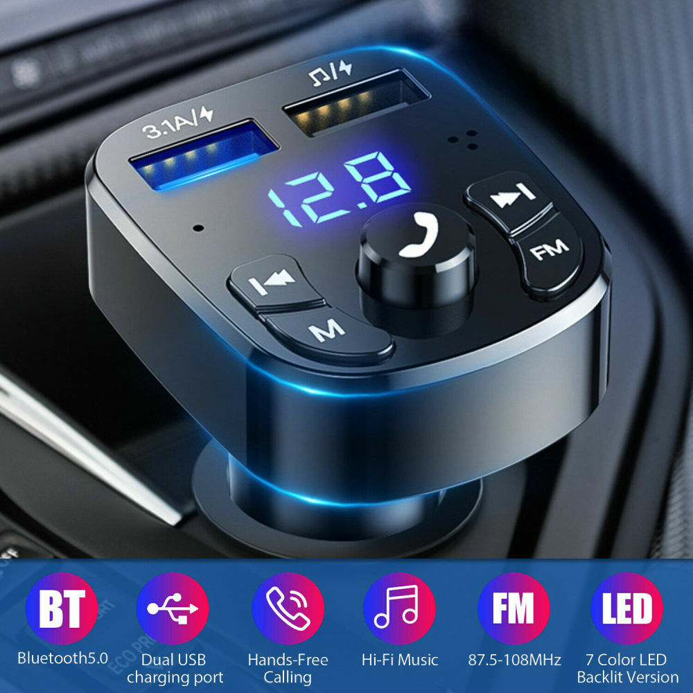 Bluetooth 5.0 Car Wireless FM Transmitter Adapter 2USB PD Charger AUX Hands Free