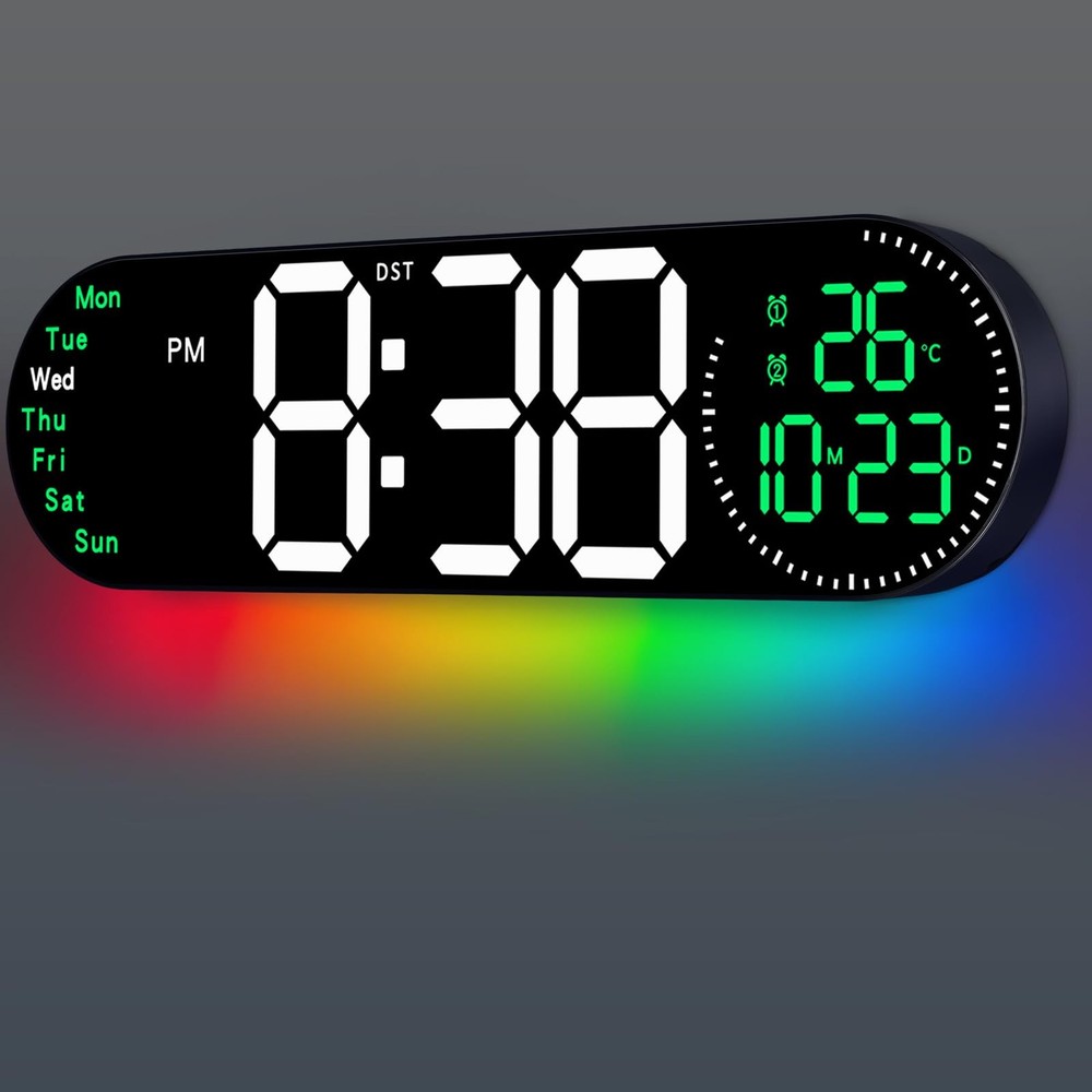 17.2 Inch Large Digital Wall Clock with 9 Color Changing Remote Control, Date...