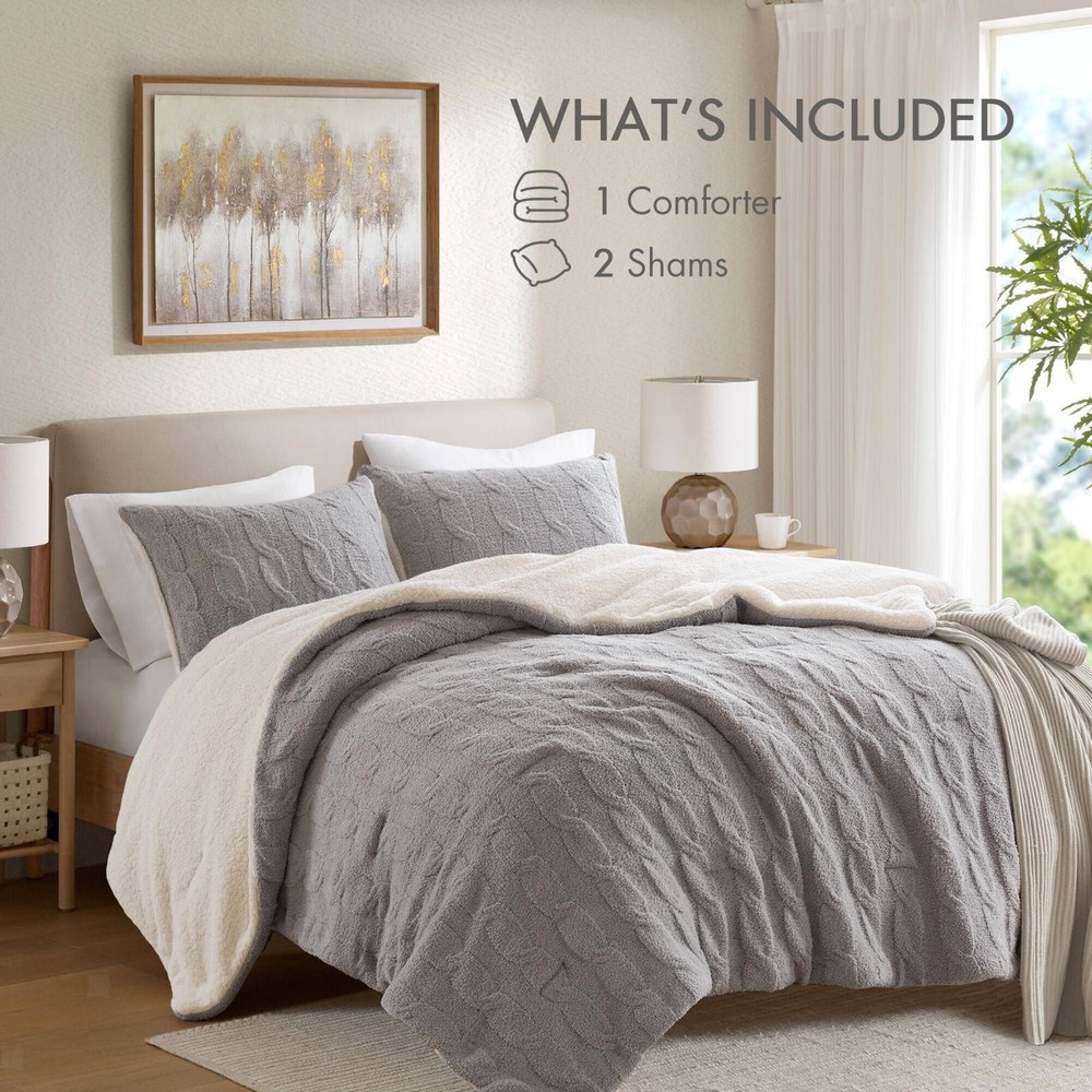 Luxury Cable Knit Chenille Comforter Set with Sherpa Reverse, Full/Queen, -Soft