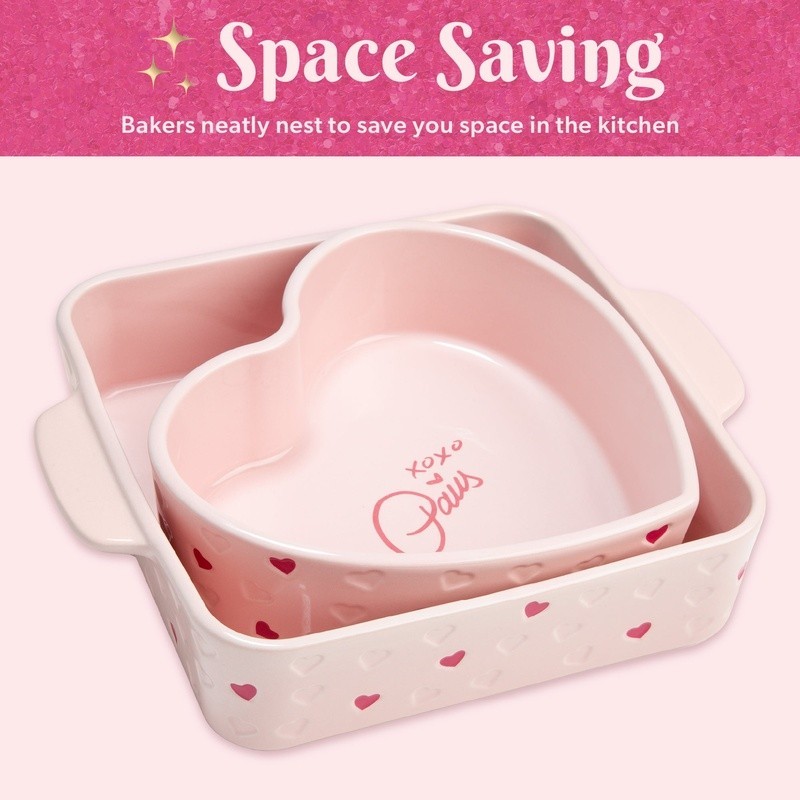 2 Piece Ceramic Baker Set Square Heart-Shaped Stoneware Baking Dish Bakeware New