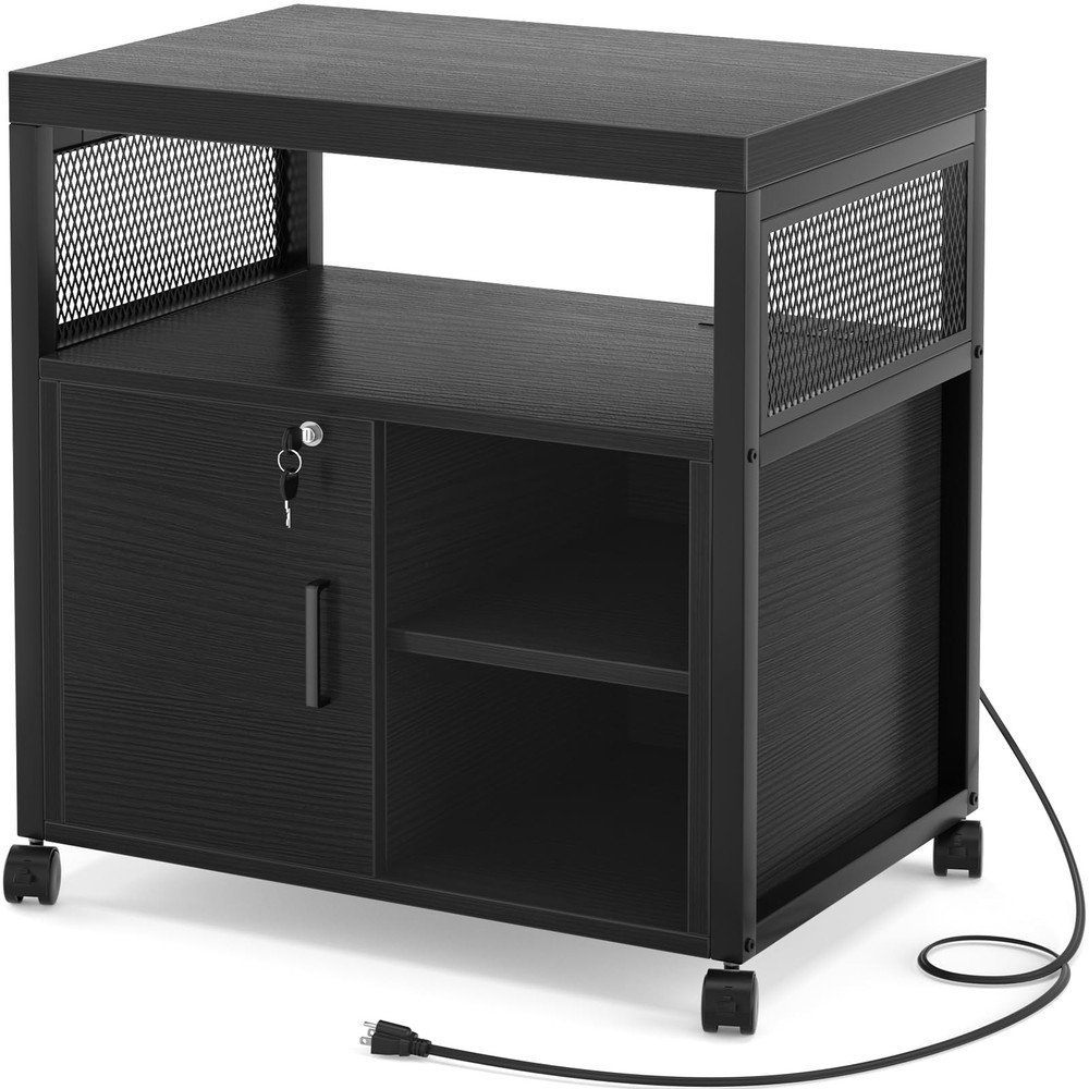 Locking Lateral File Cabinet with USB Charging, Rolling Printer Stand, Black
