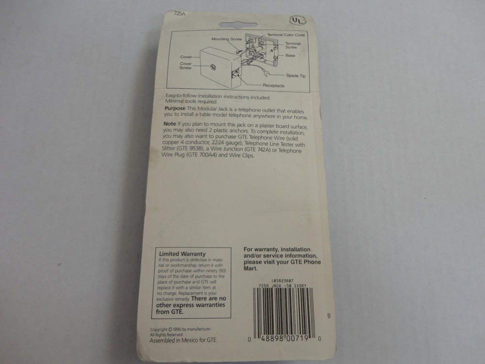 2 GTE Telephone Modular Single Port Jack for a table Tel Terminal Color Code