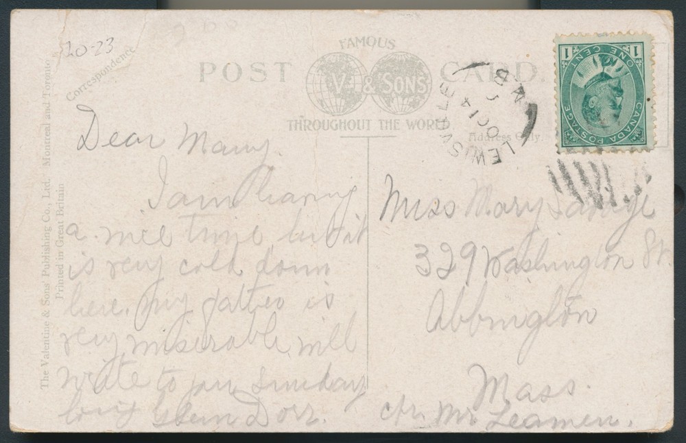 Lewisville, NB- 1908 Split Ring Cancel on Postcard