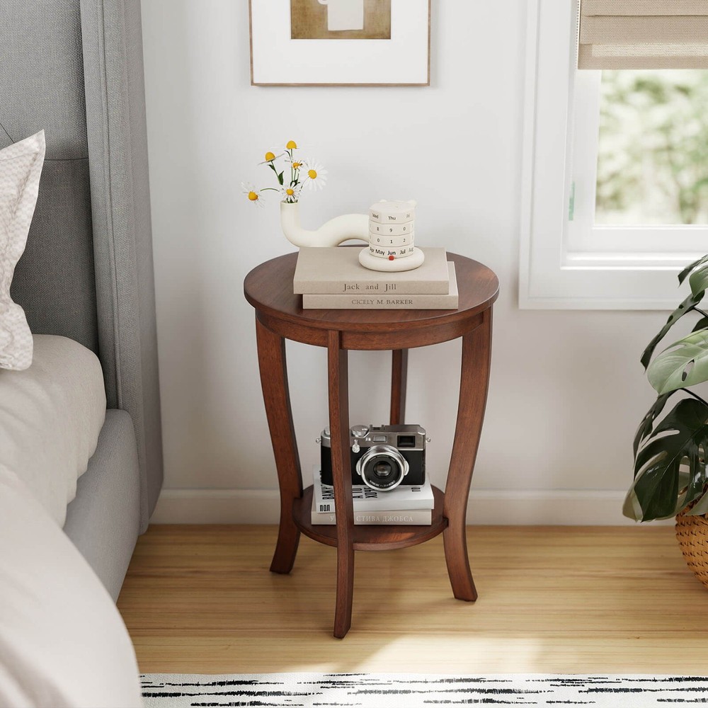 2-Tier End Table 18" Round Compact Sofa Side Nightstand w/Storage Shelf