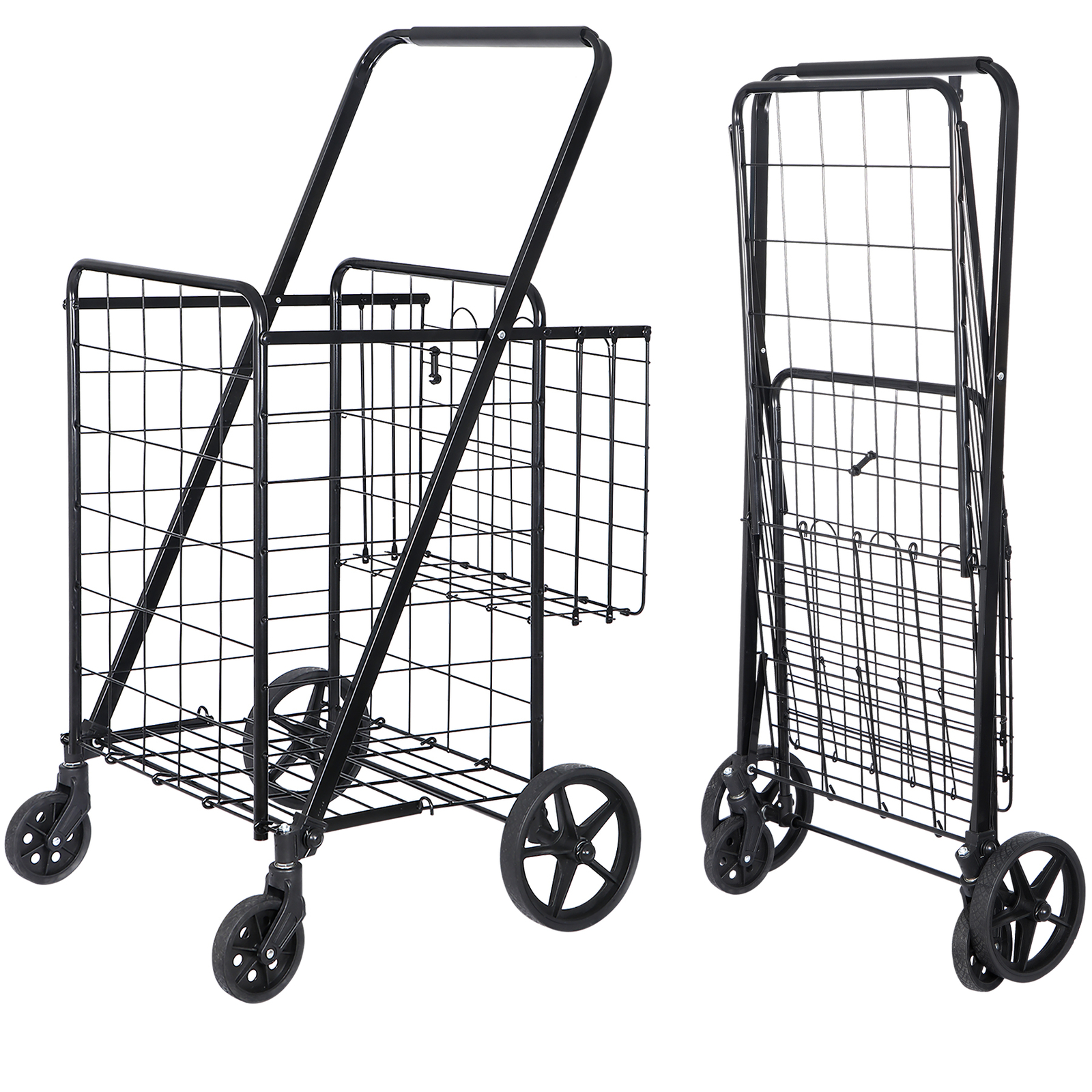 Heavy Duty Folding Shopping Cart Utility Trolley Two Baskets for Grocery Laundry