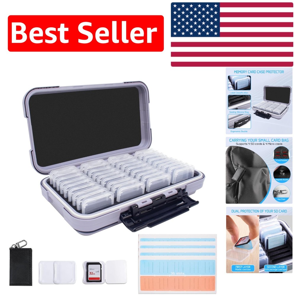 36-Slot Gray Leather Memory Card Case with Transparent Holders & Writable Labels