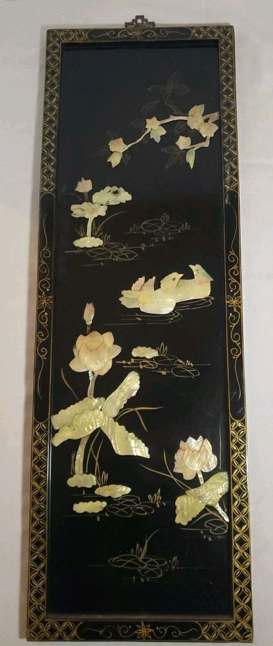 Vintage MCM 4-Panel Mother of Pearl/Black Lacquer Asian Art Wall Panels 36"x12"