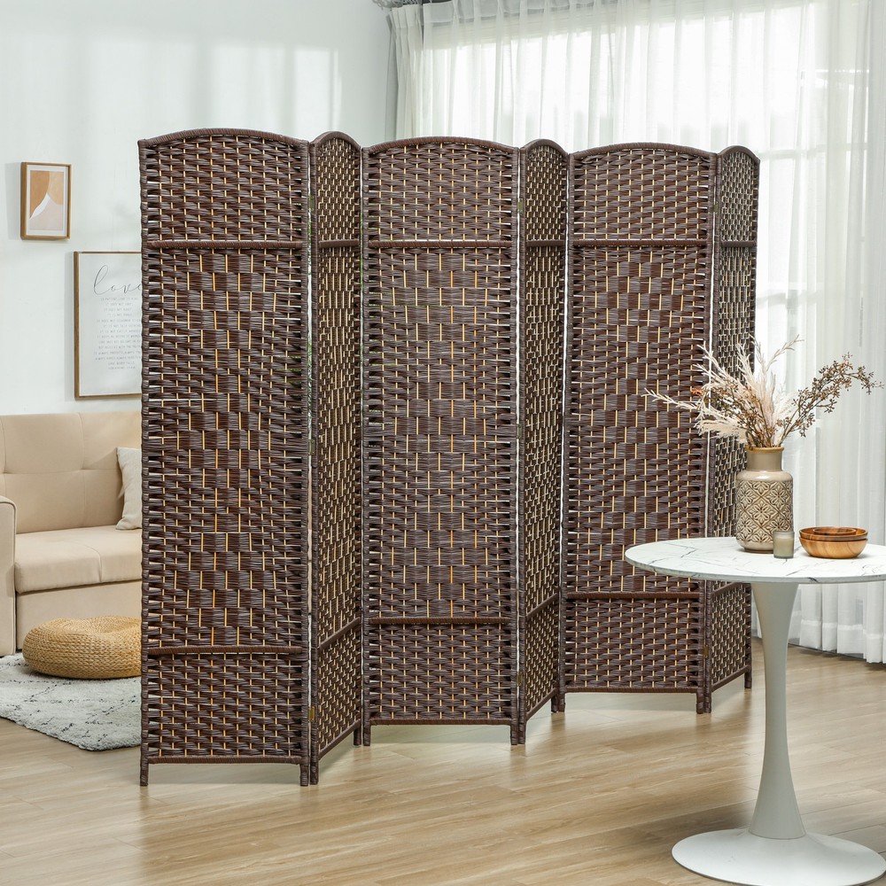 6 Panel Room Divider Hand-Woven Freestanding Partition Brown