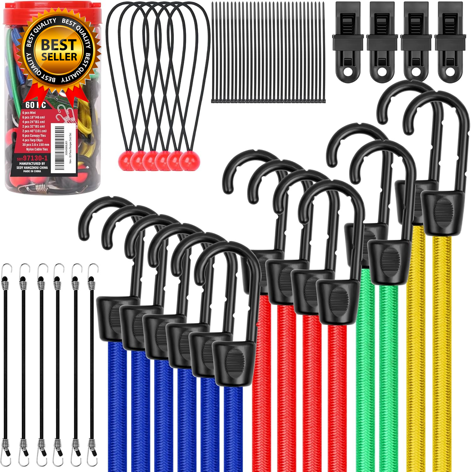 60-Piece Bungee Cords Assorted Sizes 10" 18" 24" 32" 40" Bungee Cords with Hooks