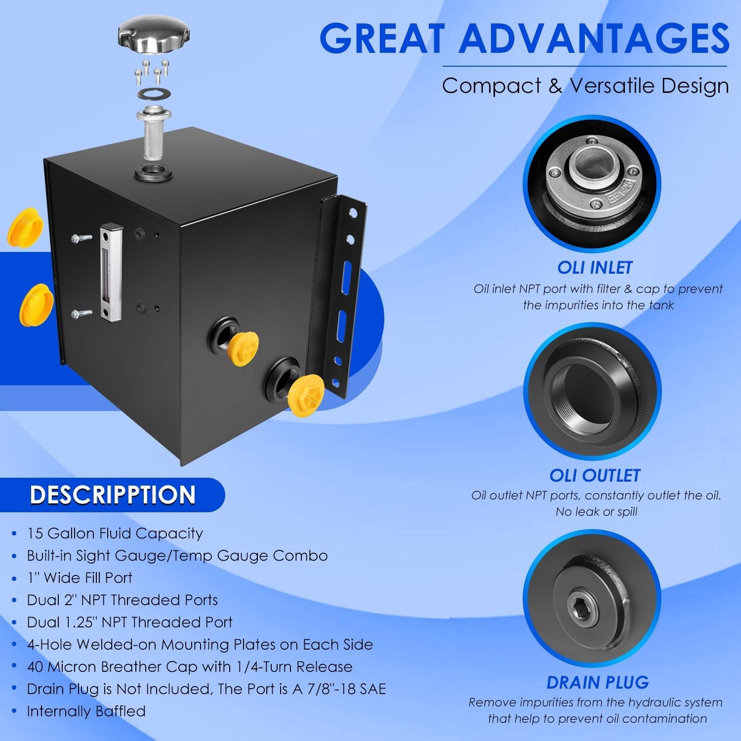15-Gallon Hydraulic Fluid Reservoir Tank, Side Vertical Mount, w/Temp Gauge
