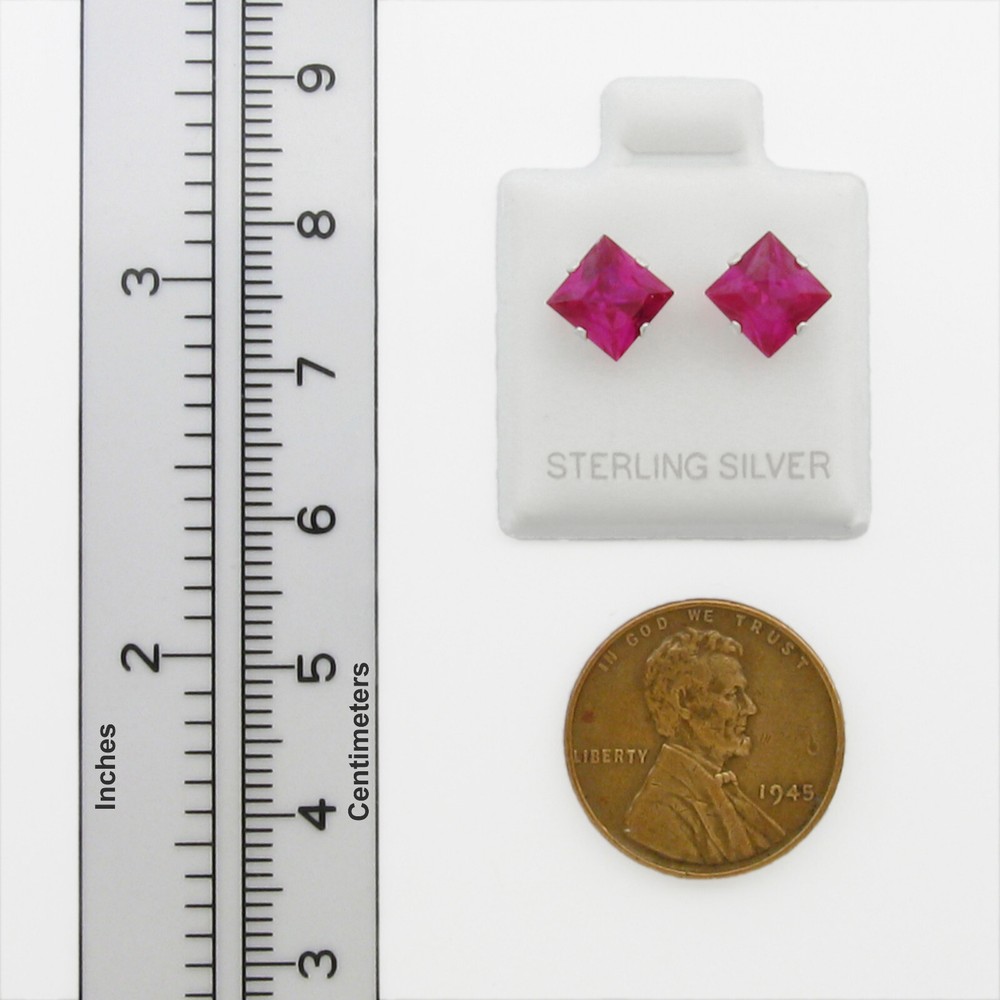 6mm Square Cubic Zirconia Ruby Red Post Stud Earrings in Sterling Silver - NEW!