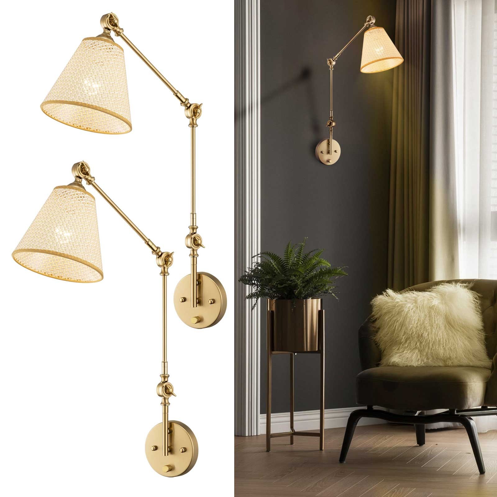 2pcs Vintage Gold Swing Arm Wall Sconce Dimmable Adjustable Arm for Reading