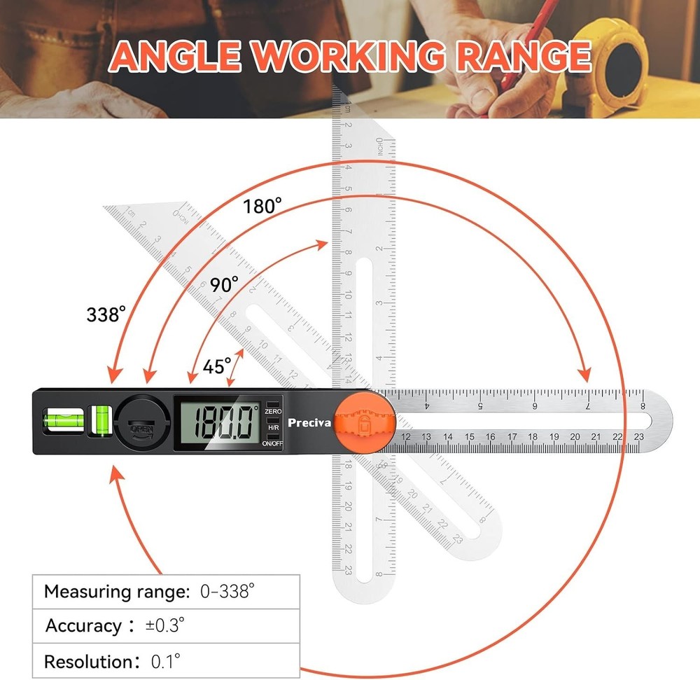 Digital Angle Finder Protractor 0-338° with Bubble for Carpentry Woodworking ...