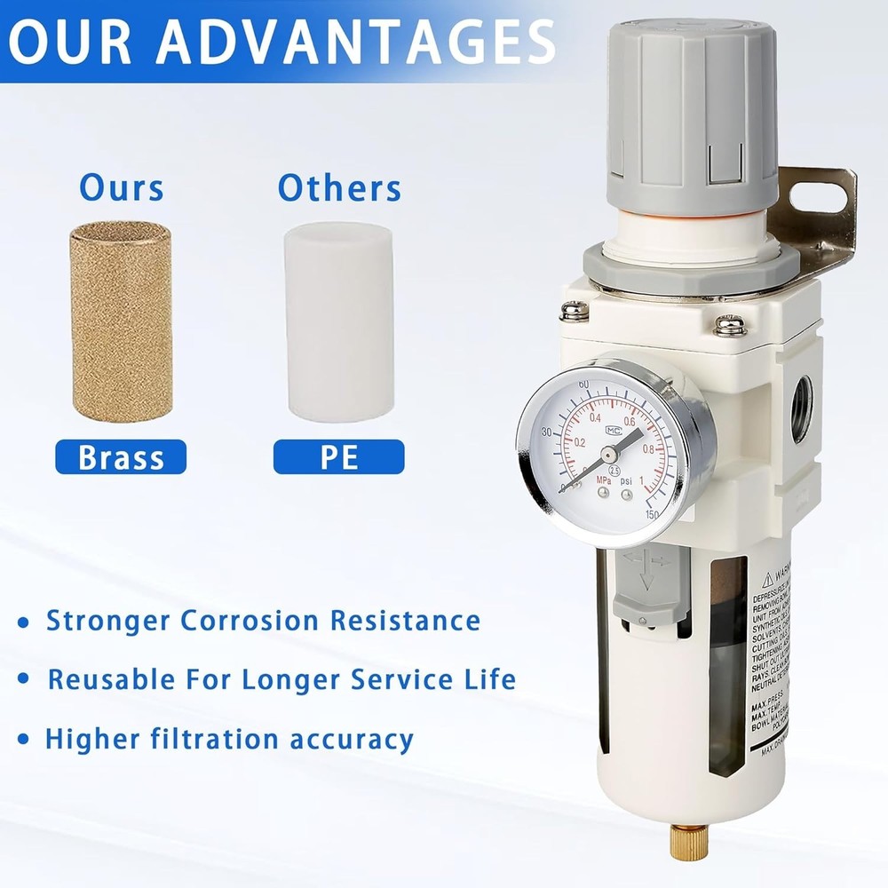 WeiTeng 1/2" NPT Compressed Air Filter Regulator Combo, 5 Micron Brass Filter