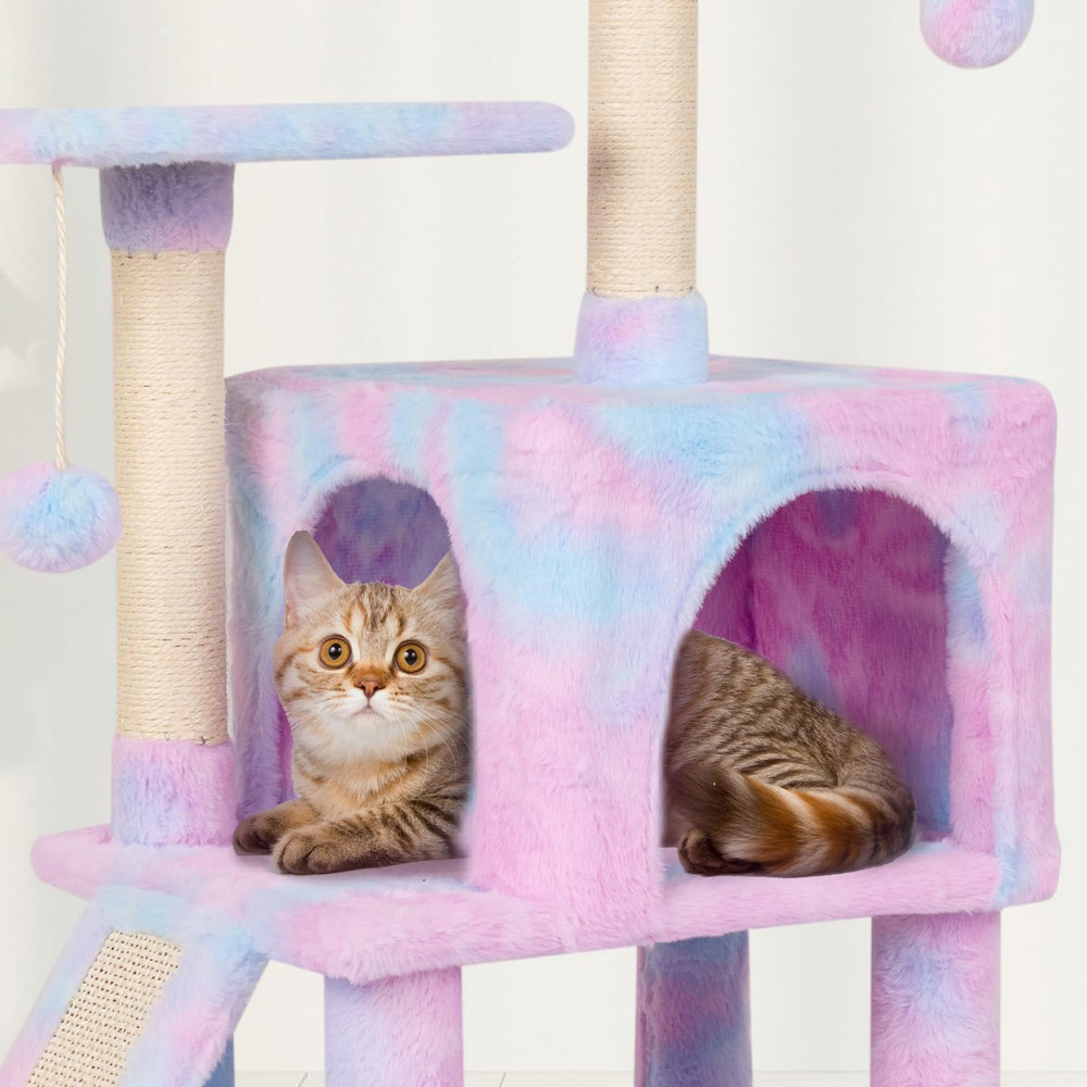 Rainbow Cat Tree Tower with Scratching Post, Hammock & Hanging Ball