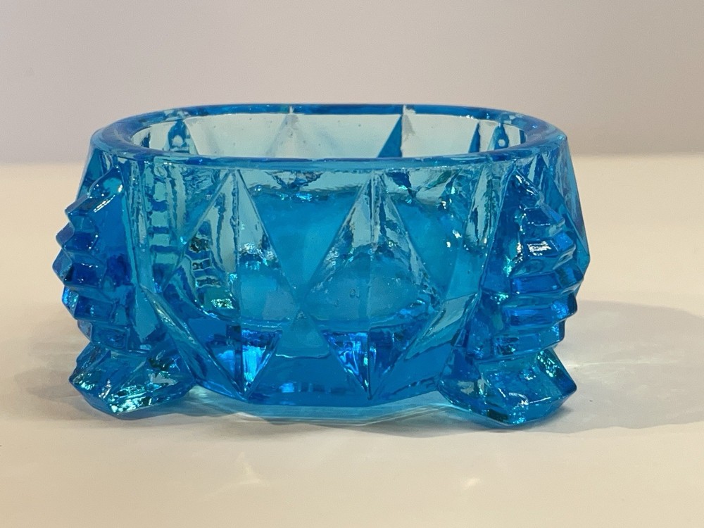 Blue Glass Footed Master Salt Cellar Diamond Pattern 3x2x1.5