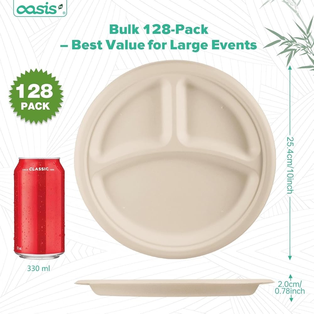 𝟭𝟬 𝗶𝗻𝗰𝗵, 𝟭𝟮𝟴-𝗣𝗮𝗰𝗸 3-partment Disposable Paper Plates,