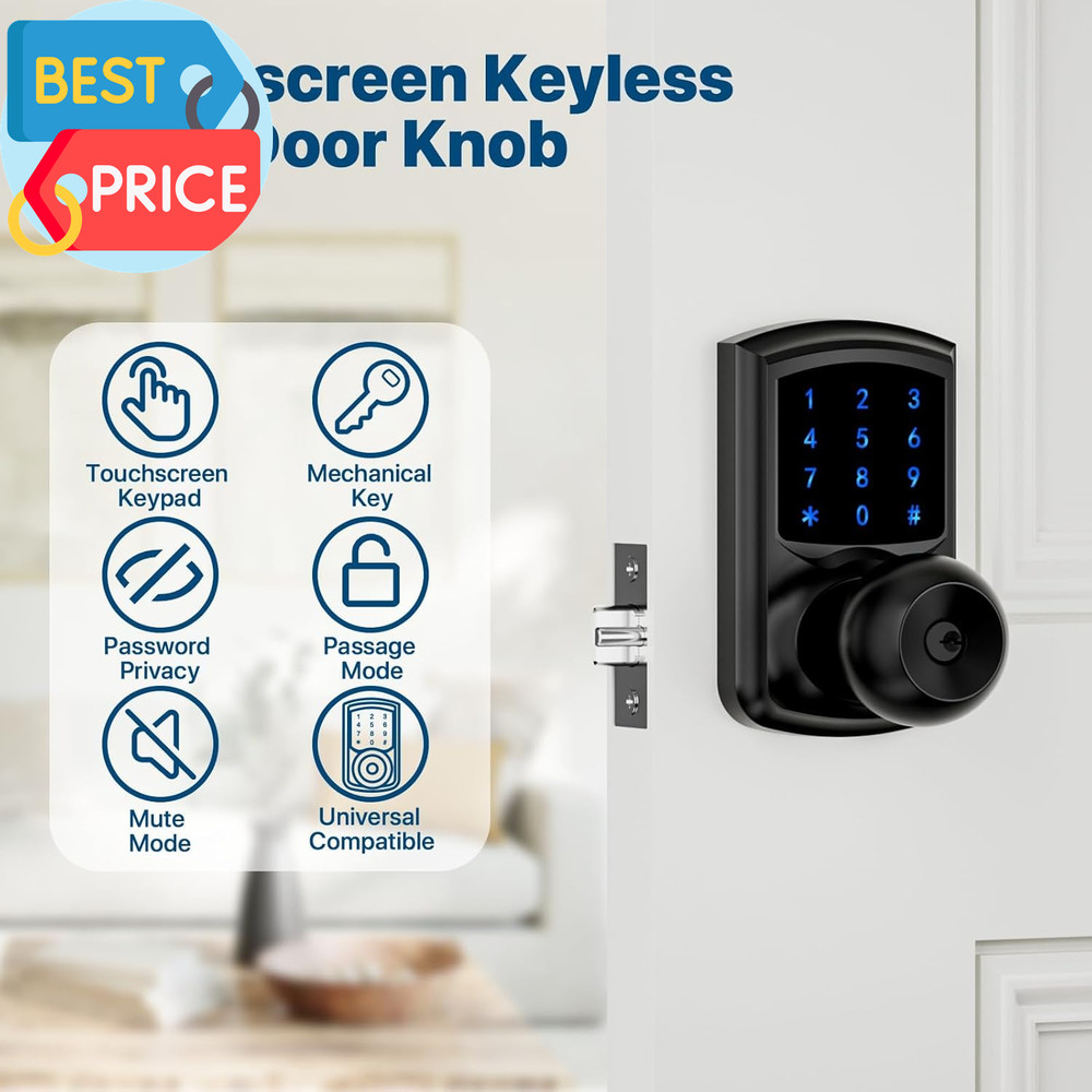 Keyless Entry Door Lock with Code, Keypad Door Lock with Handle, Touchscreen Doo