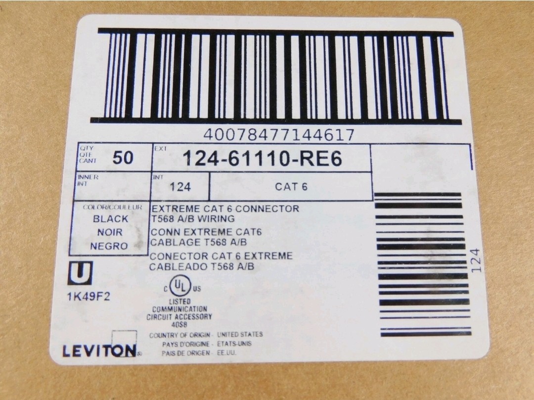 61110-RE6 Leviton eXtreme Cat 6 QuickPort Jack, Black - 50 PACK