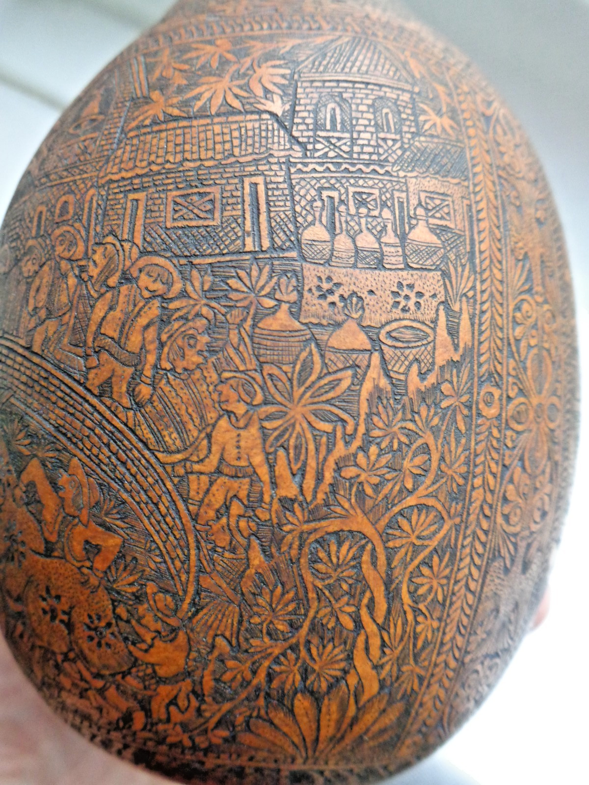 ANTIQUE SOUTH AMERICAN FOLK ART CARVED GOURD BULL FIGHTER, CHURCH, FARMER, LLAMA