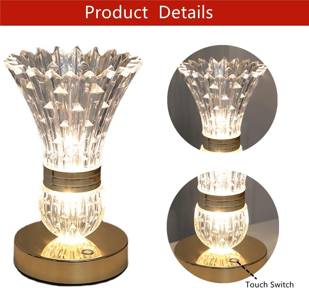 LED Crystal Table Lamp Vase Night Light Touch Dimmable Atmosphere Bedside Gift