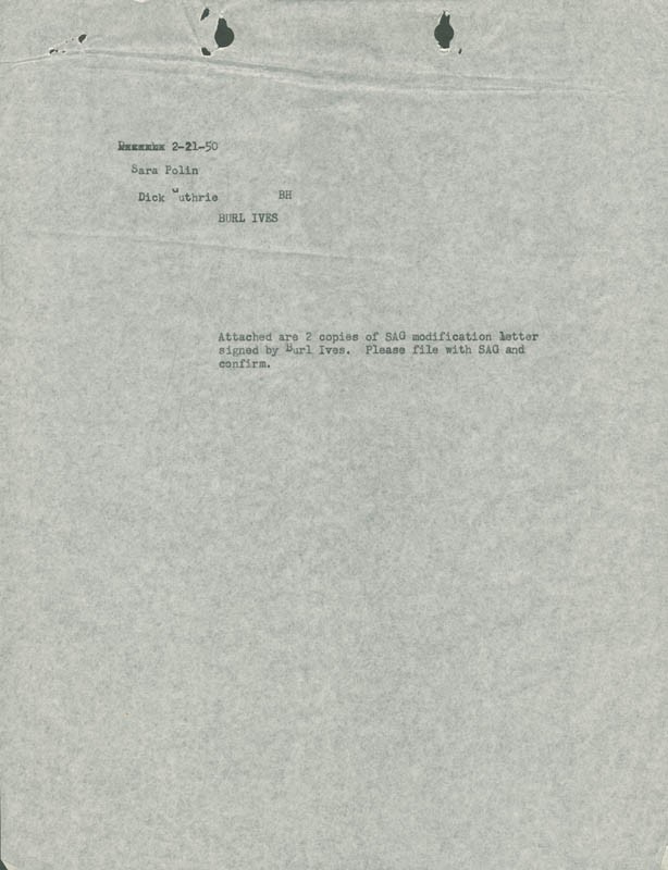 BURL IVES - DOCUMENT SIGNED 02/20/1950