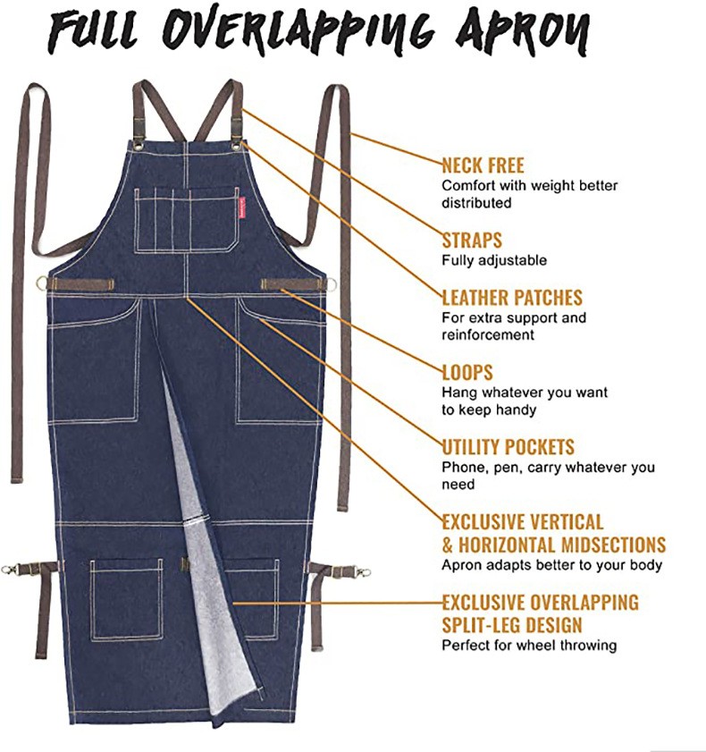 Split Leg Denim Apron Barber Apron with Pockets Adjustable Work Apron Blue