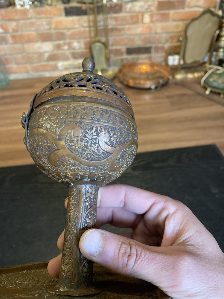 Antique Vintage Middle Eastern Hand Hammered Etched Copper Bronze Incense Burner
