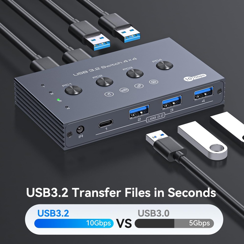USB 3.2 Switch Selector 4 Computers Share 1 USBC & 3 USBA Devices 10Gbps 4 Po...
