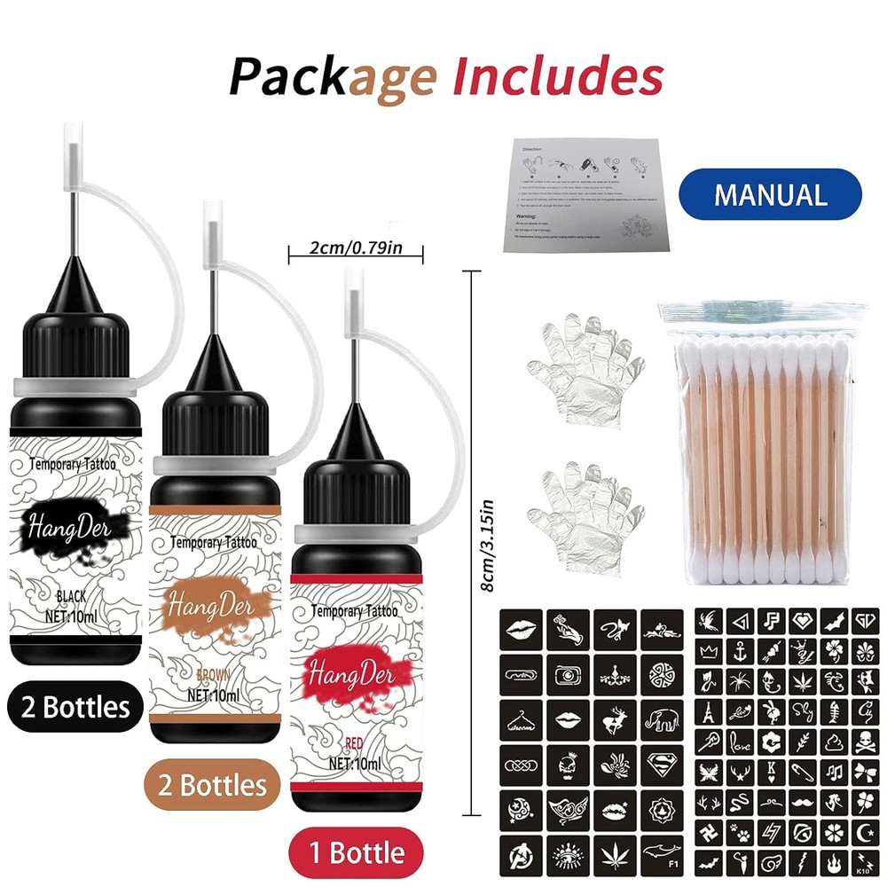 Temporary Tattoos Kit, Yomagine Semi Permanent Type 1, Black, Brown, Red