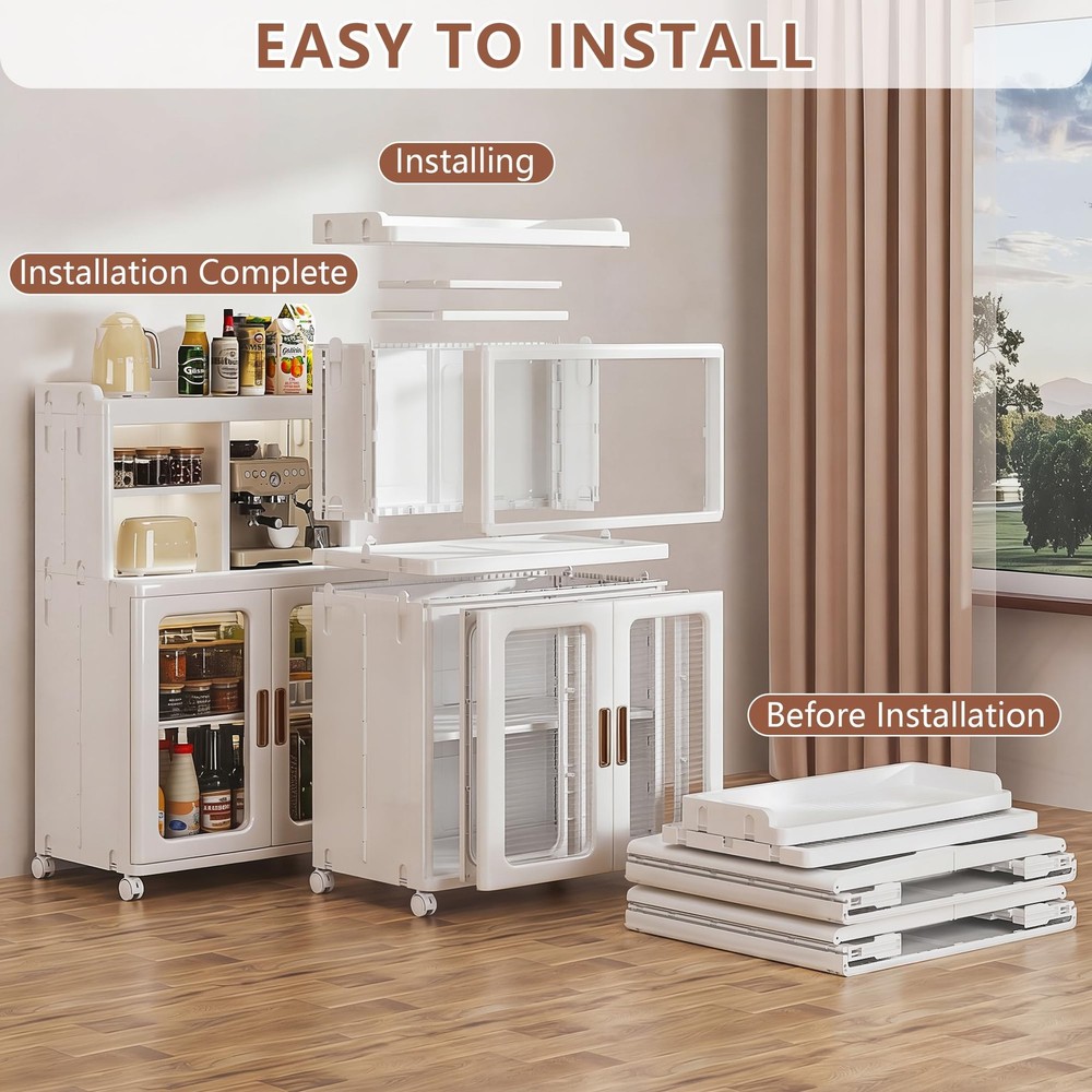 Foldable Plastic Sideboard Cabinet with Adjustable Shelves, Waterproof Buffet...