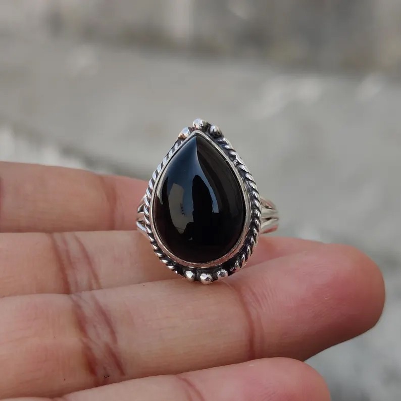 Solid 925 Sterling Silver Black Onyx Pear Gemstone Statement Handmade Women Ring