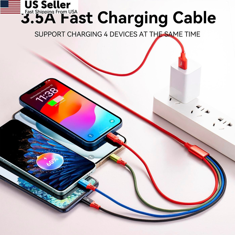 Multi Charging Cable 3.5A, [2Pack 6Ft] 4 in 1 Multiple Cord 6ft, Red