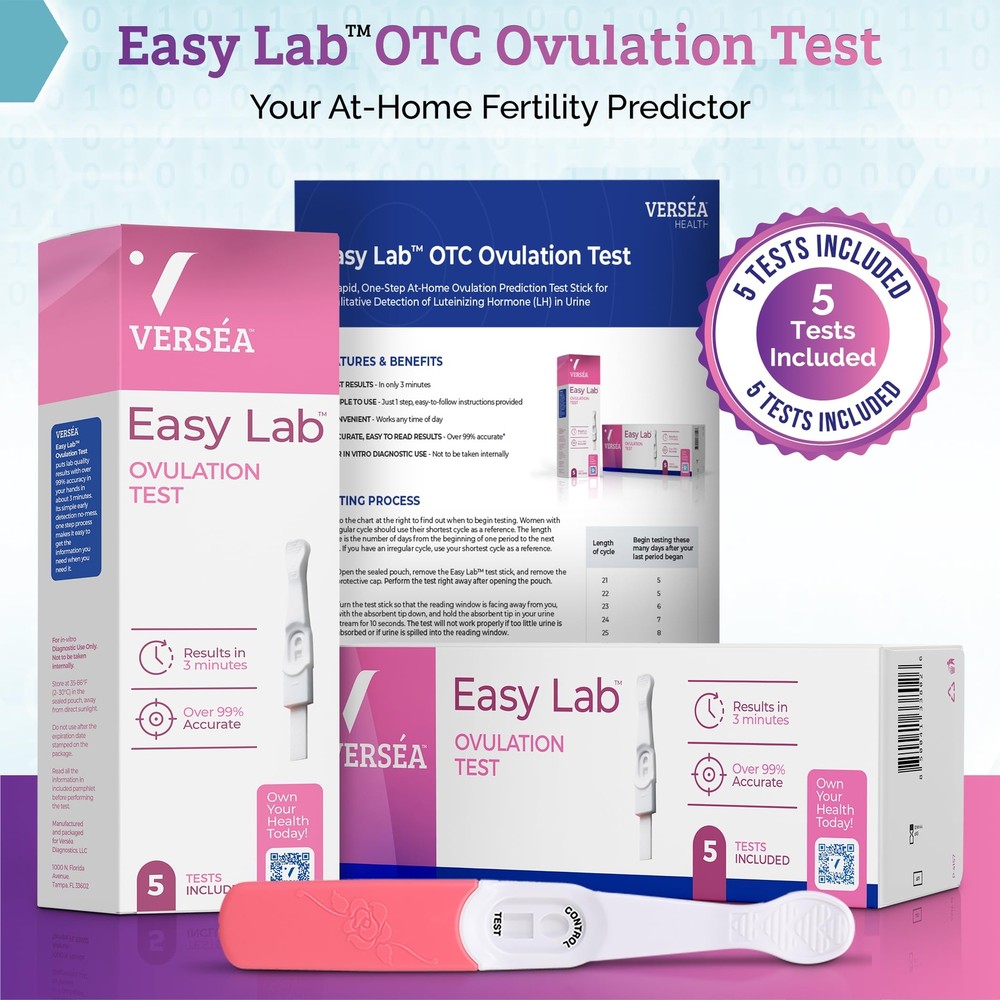 Versea Easy Lab Ovulation Midstream Tests 5 Test Pack 3 Minute Easy Read Resu...